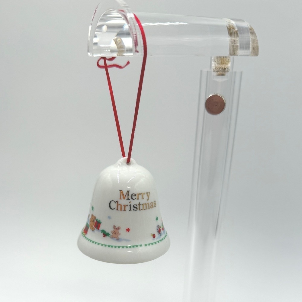 Merry Christmas Ceramic Bell Ornament Santa Elves Reindeer Red Ribbon